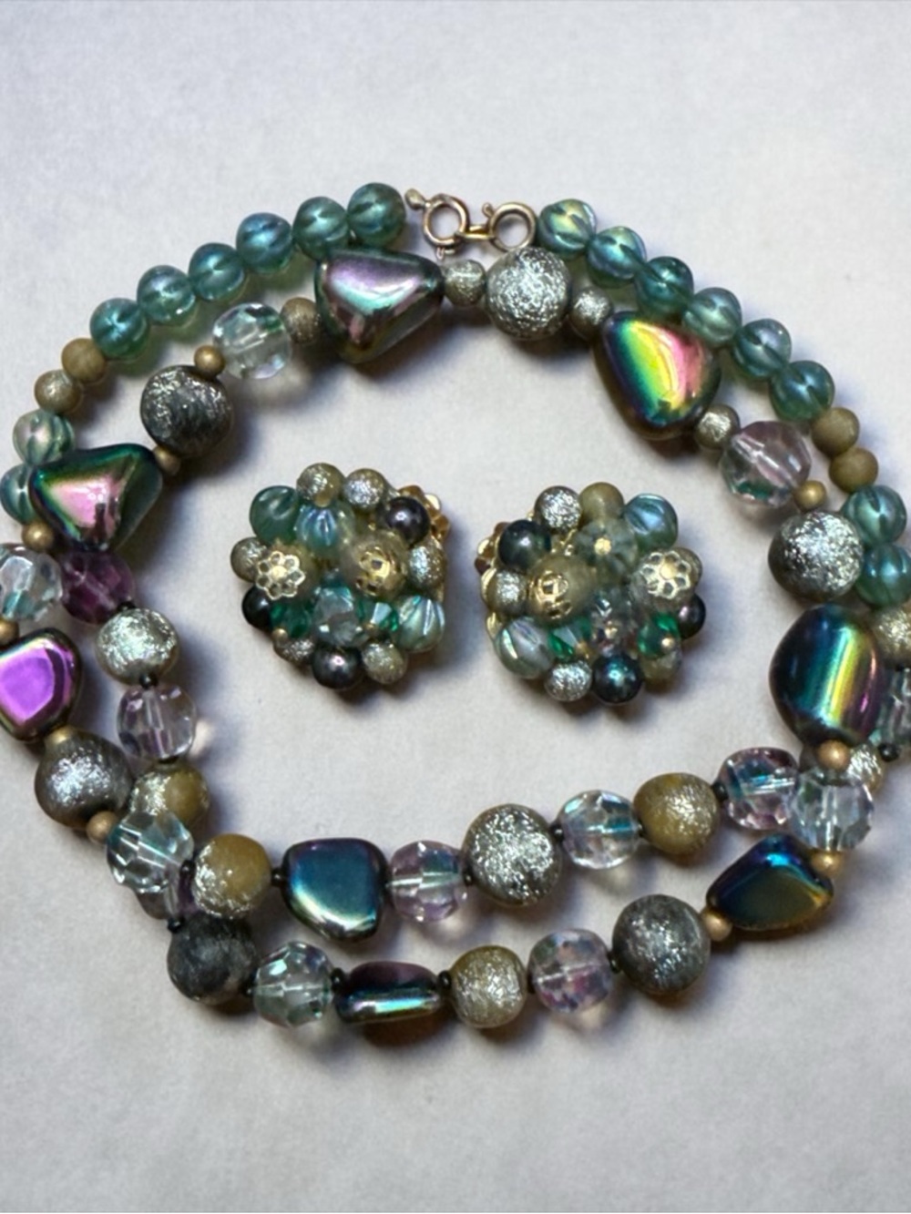 VTG 1960s Iridescent Teal Purple Aurora Borealis Glass Bead Necklace & Earrings